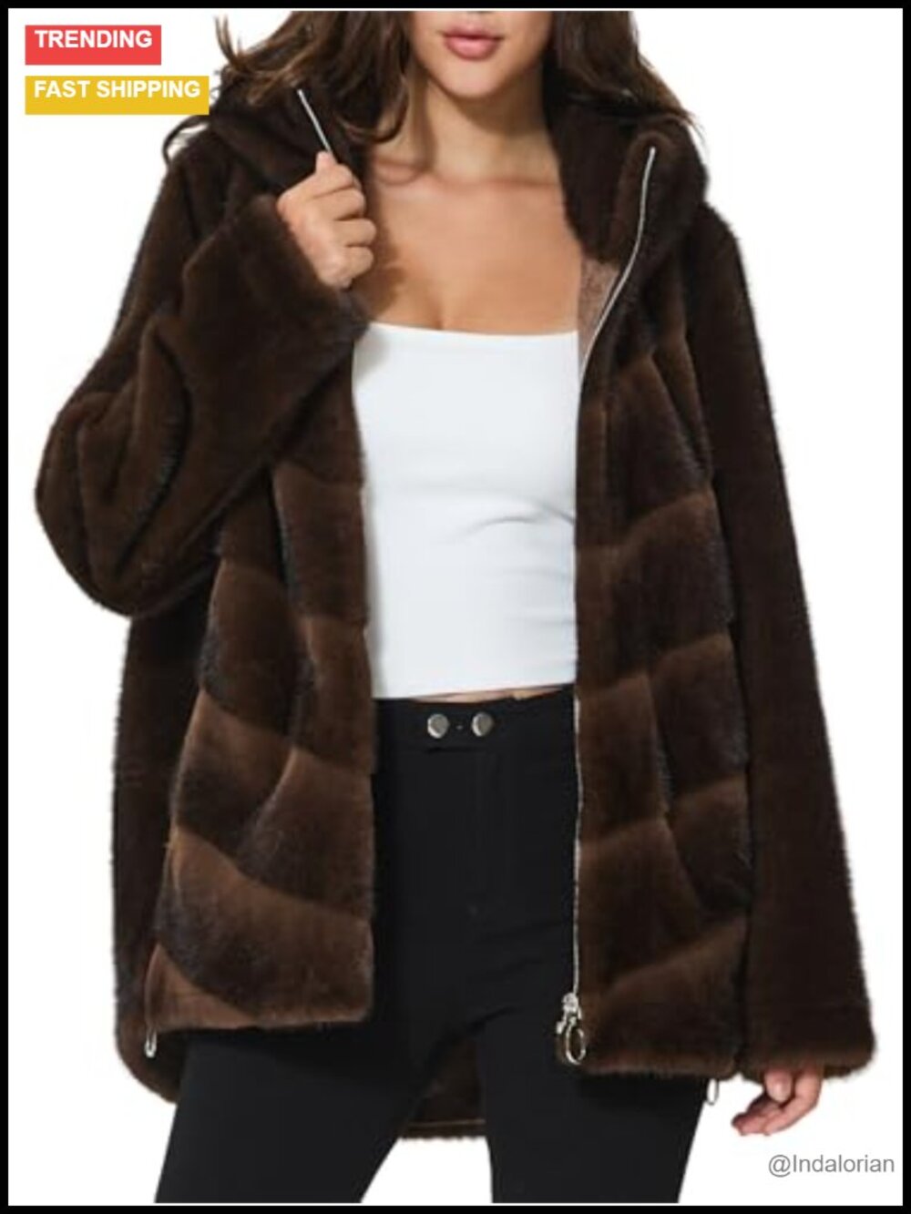 Faux Mink Fur Hooded Coat Zip Up Open Front Pockets Warm Winter Jacket